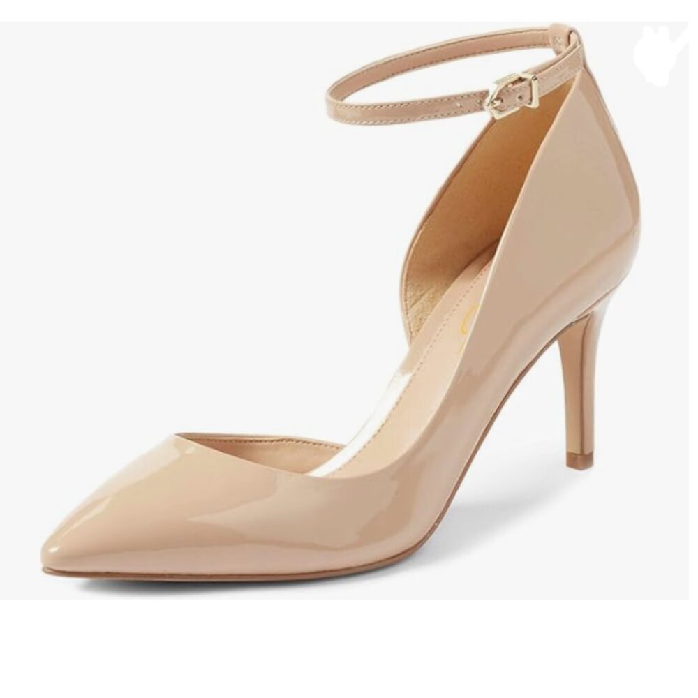 XYD Nude Pointed Toe D'Orsay Mid Heel Ankle Strap Buckled Wedding Party Pump